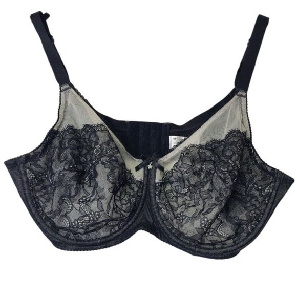 Wacoal Lace Underwire Bra 38DD 855186 Black Mesh & Lace Retro Chic Floral Charm - Picture 1 of 11